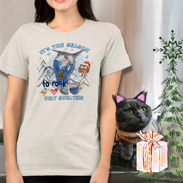 Rock ful jultröja rolig katt & mus vit t shirt (Rock Ugly Sweater Funny Cat & Mouse white)