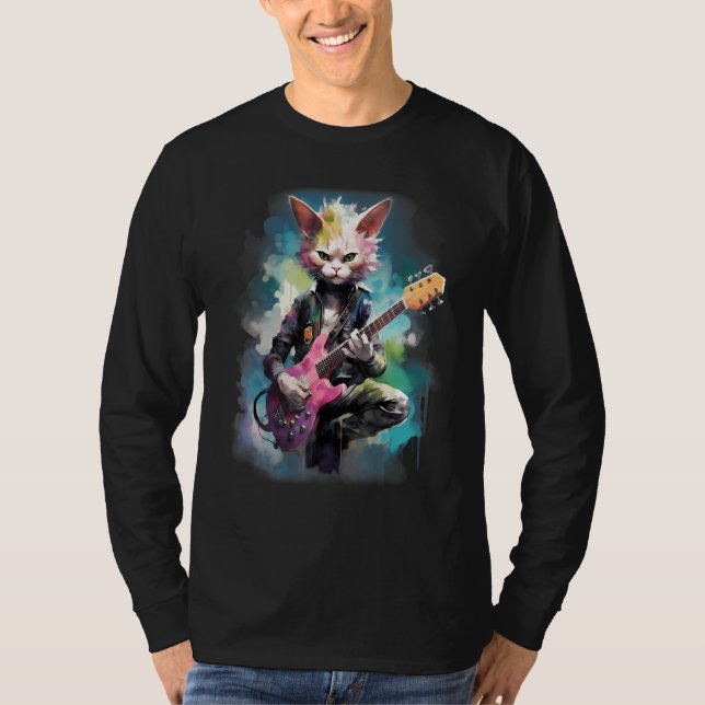 Rock Guitar Devon Rex Cat Guitarist T Shirt (Framsida)