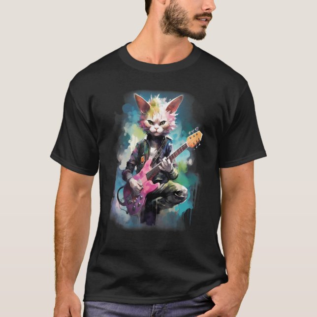 Rock Guitar Devon Rex Cat Guitarist T Shirt (Framsida)