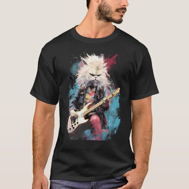Rock Guitar Persian Cat Guitarist T Shirt (Framsida)