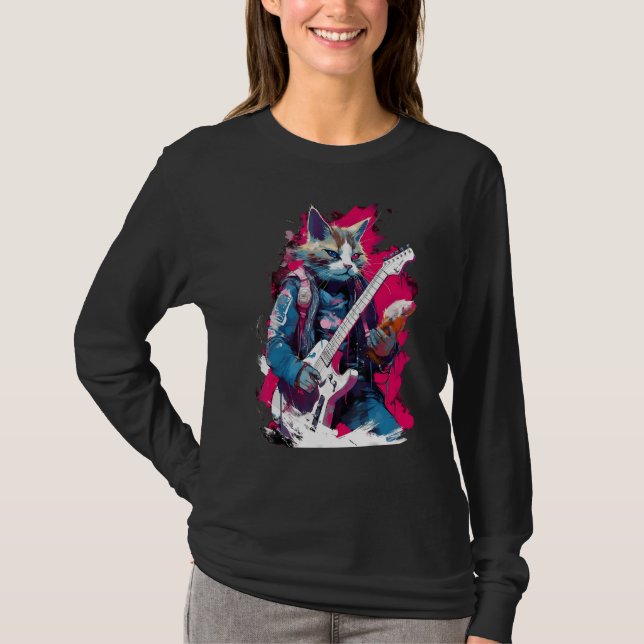 Rock Guitar Snowshoe Cat Guitarist T Shirt (Framsida)