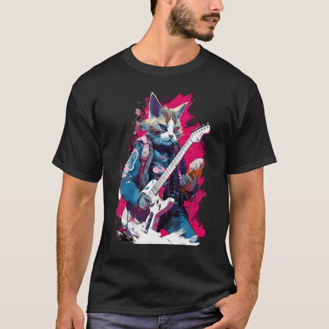 Rock Guitar Snowshoe Cat Guitarist T Shirt (Framsida)
