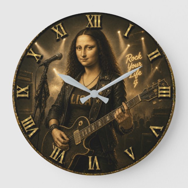 Rock Guitarist Funny Mona Lisa Music Player Gift Stor Klocka (Framsida)