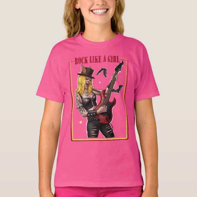 Rock Like a Girl  – Cool Heavy Metal Girl  T Shirt (Framsida)