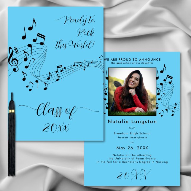 Rock musik Black Blue Photo Student-meddelande Inbjudningar (Rock Music Black Blue Photo Graduate Announcement)