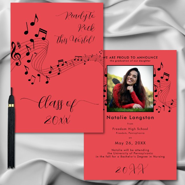 Rock musik Black Red Photo Student-meddelande Inbjudningar (Rock Music Black & Red Photo Graduation Announcement)