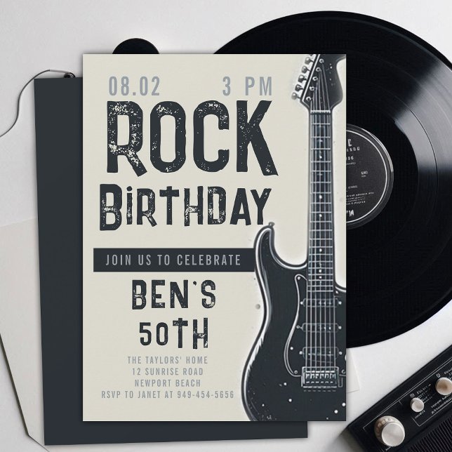 Rock musik Musician Guitar Vuxen Black Birthday Inbjudningar (music musician rock adult birthday party invitation women modern fun black electric guitar modern)