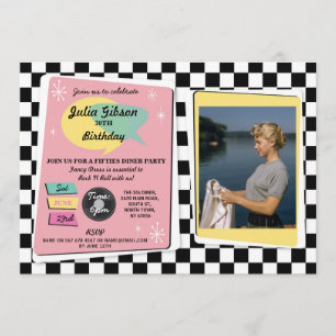 Rock N Roll 1950-talet Birthday Rosa Retro Photo I Inbjudningar