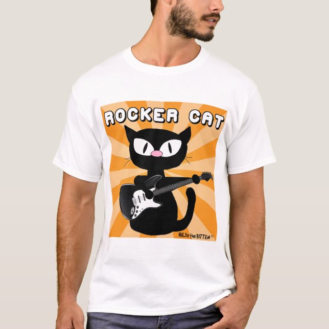 ROCK n ROLL Black Tecknad Cat Rocker T Shirt (Framsida)
