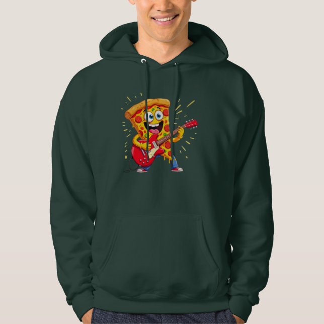 **Rock ’n’ Roll Pizza – Funny Guitar-Playing Slice Hoodie (Framsida)