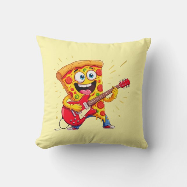 **Rock ’n’ Roll Pizza – Funny Guitar-Playing Slice Kudde (Framsida)