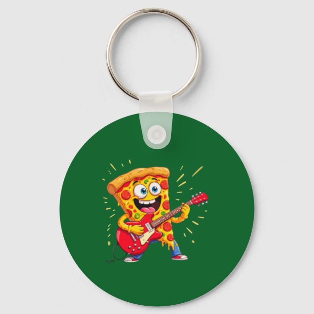 **Rock ’n’ Roll Pizza – Funny Guitar-Playing Slice Nyckelring (Framsida)