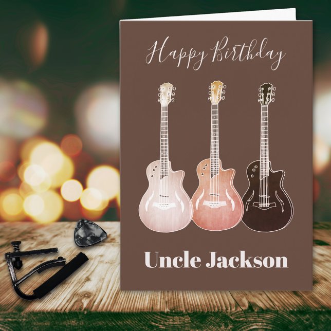 Rock n Roll Rustic Guitars Rockstjärne Farbror Kort (Happy birthday uncle custom rustic guitar music themed brown birthday greetings card)