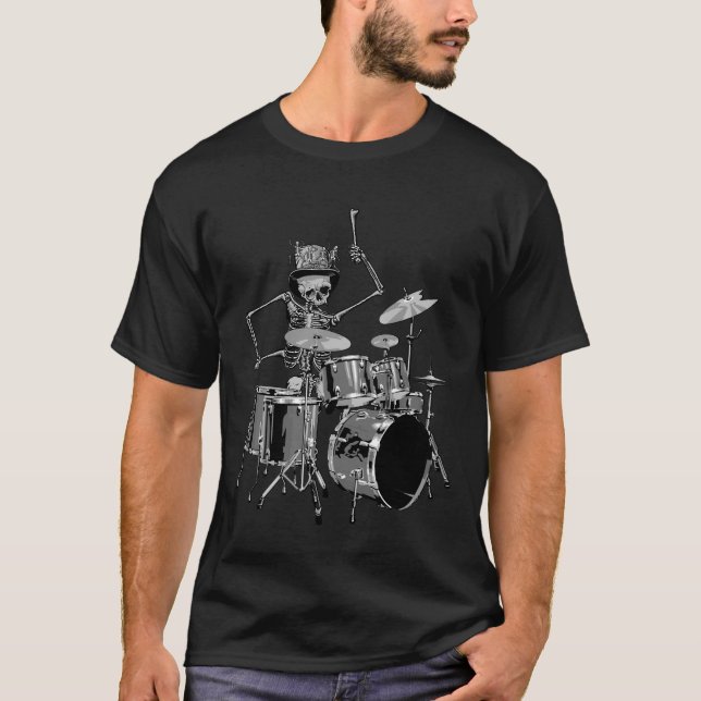 Rock N Roll Skalle Trummis T Shirt (Framsida)