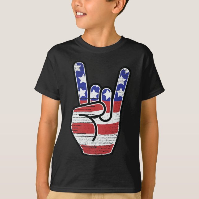 Rock N Roll Tröja Usa Flagga Horns Tecken Retro Ko (Framsida)