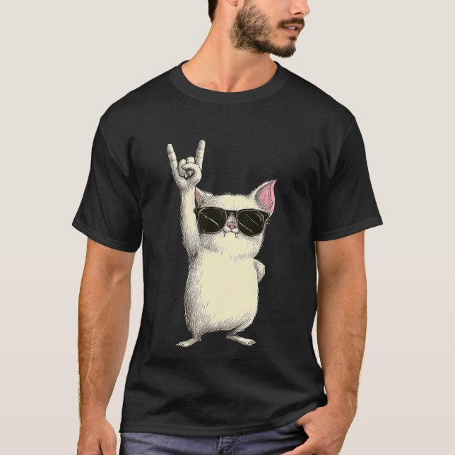 Rock On Katt med Solglasögon Attityd T Shirt (Framsida)