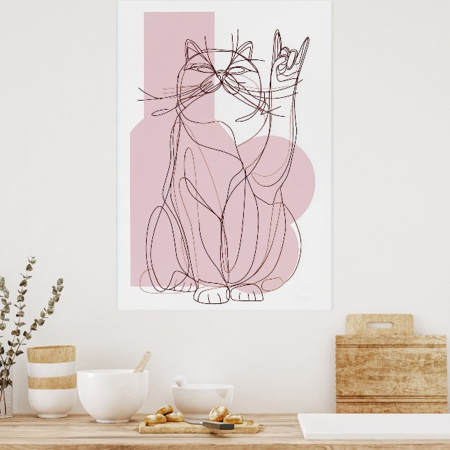 Rock On Katt Rosa Minimal Linje Konst Affisch (Kök)