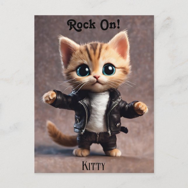 Rock On Kitty AI Fantasy Digital Art Print Design Vykort (Framsida)