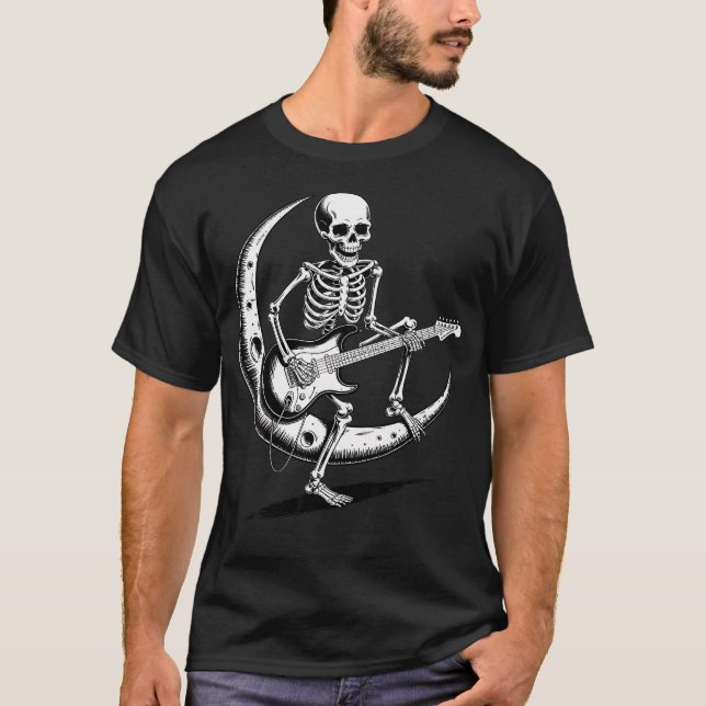 Rock On Skelett Måne Rock And Roll T Shirt (Framsida)