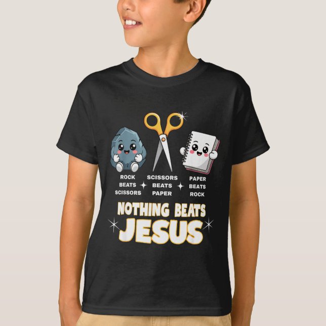 Rock Paper Scissors But Nothing Beats Jesus Funny  T Shirt (Framsida)