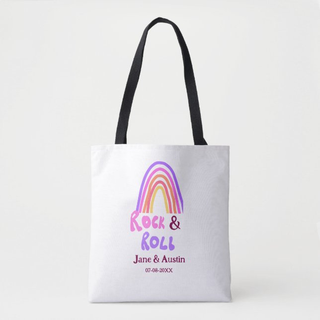 Rock & roll bröllop lägg till parnamn retro regnbå tygkasse (Framsida)