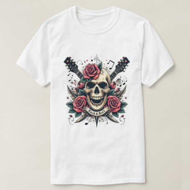 Rock & Roll Dödskalle Tatuering T-Shirt Design (Design framsida)