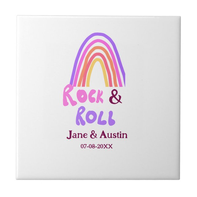 Rock & roll wedding add couple name retro rainbow  kakelplatta (Framsidan)
