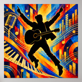 Rock sångare spelar akustisk gitarr silhuett poster