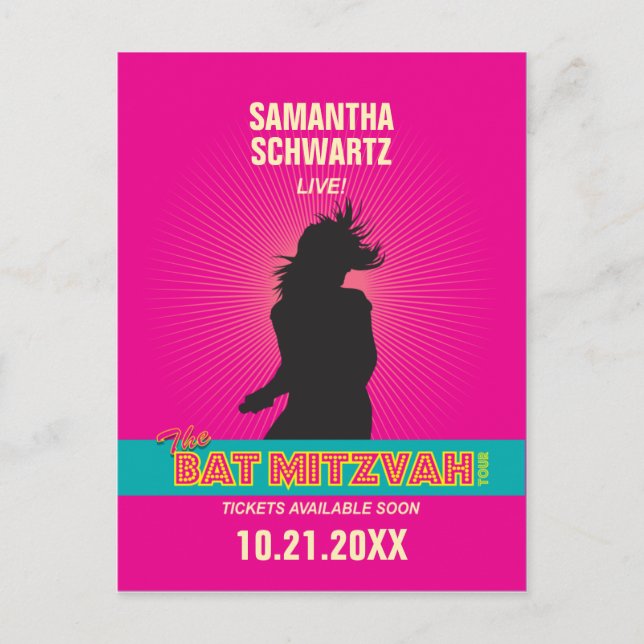 Rock Star Bat Mitzvah Spara datum i varmrött rosa Meddelande Vykort (Framsida)