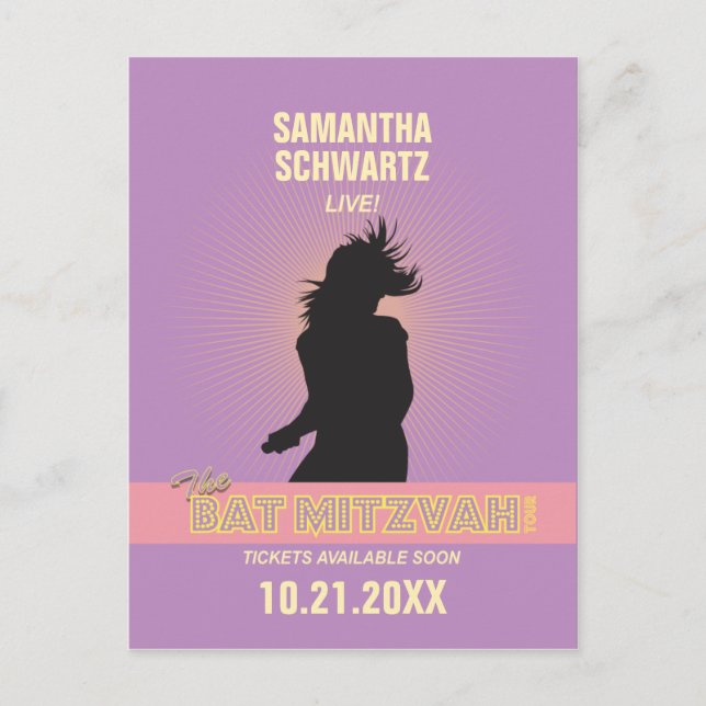 Rock Star Bat Mitzvah Spara Datum-Lila Rosa Meddelande Vykort (Framsida)
