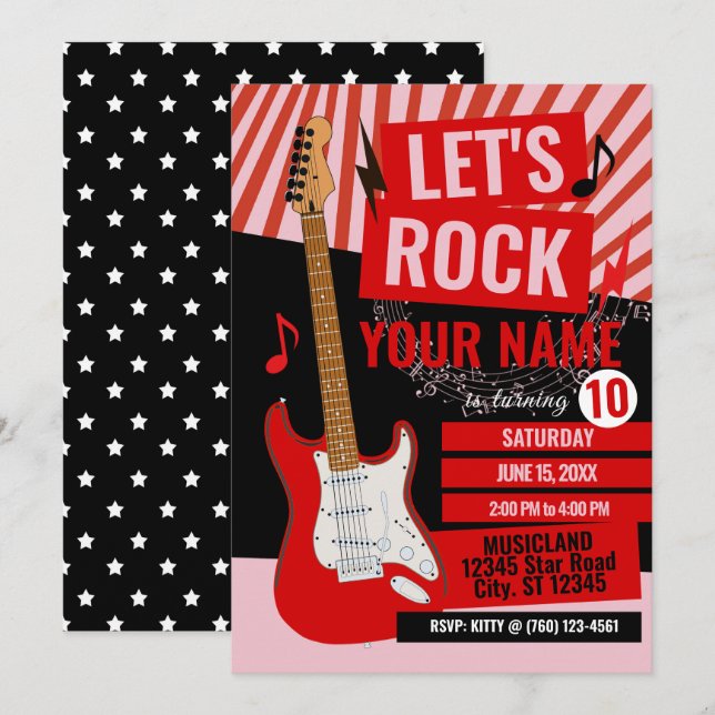 Rock Star Birthday Party Invitation Inbjudningar (Fram/baksida)