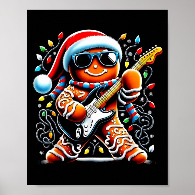 Rock Star Gingerbread Christmas Guitar Lights Men  Poster (Framsidan)