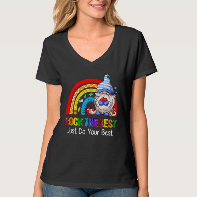 Rock The Test  Teacher Testing Day Rainbow Gnomes T Shirt (Framsida)