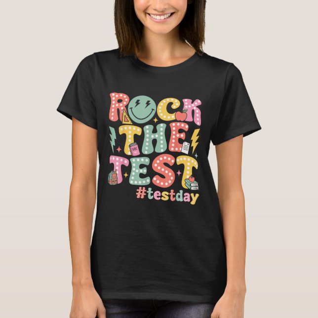 Rock The Test Testing Day Retro Motivational Teach T Shirt (Framsida)