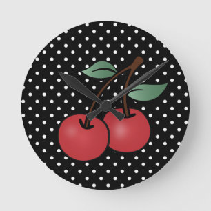 ROCKABILLY CHERRY POKE DOTS WALL CLOCK RUND KLOCKA