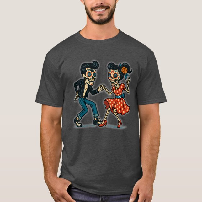 Rockabilly Día de los Muertos Skeleton Dance T Shirt (Framsida)