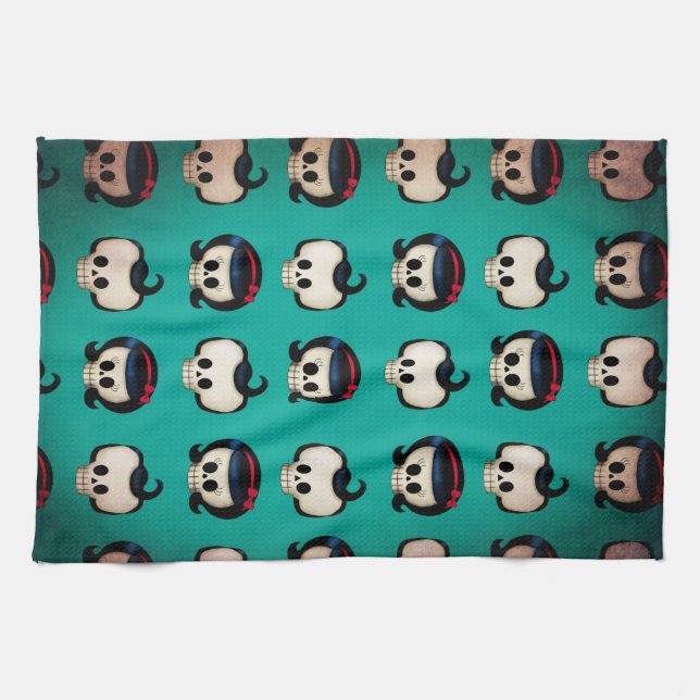 Rockabilly döskallarmönster kökshandduk (Horisontell)