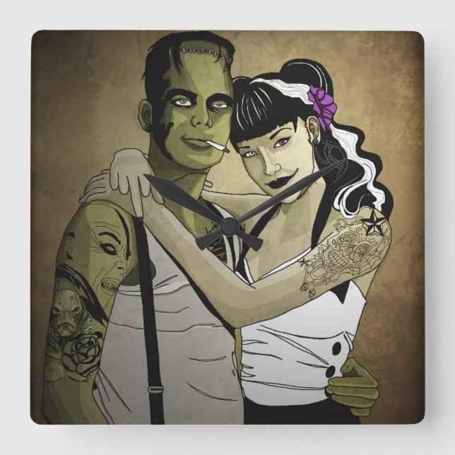 Rockabilly Frank och Bride Fyrkantig Klocka (Framsida)