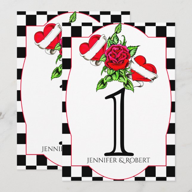Rockabilly Hjärtan Ros Bröllops Bord Nummer Inbjudningar (Fram/baksida)