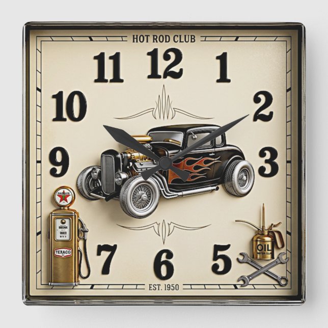 Rockabilly hot rod  fyrkantig klocka (Framsida)