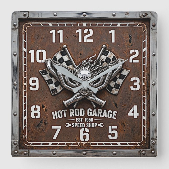 Rockabilly Hot Rod Fyrkantig Klocka (Framsida)