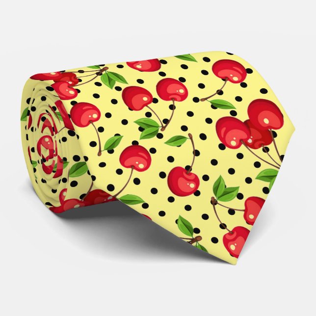 Rockabilly Körsbär Polka Prickar på Gul Bakgrund Slips (Rullad)