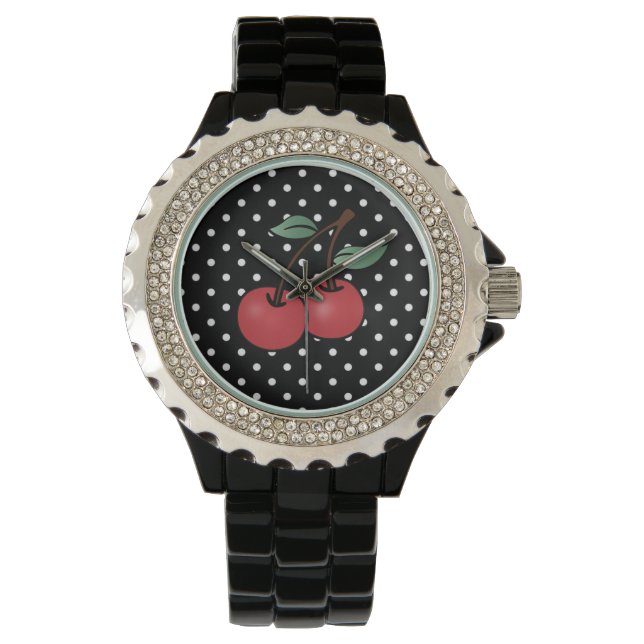 ROCKABILLY POKE DOTS CHERRY WRIST WATCH ARMBANDSUR (Framsida)