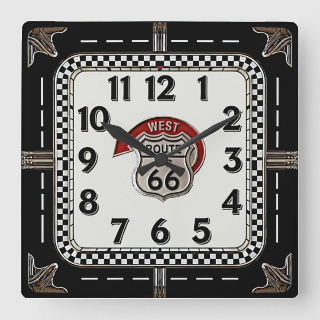 Rockabilly Route66 Fyrkantig Klocka (Framsida)