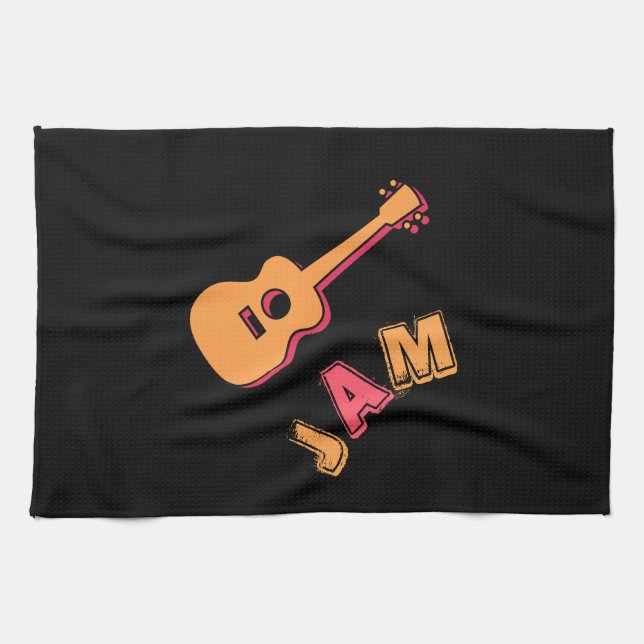 Rockande gitarr, musik jam-stil, orange & röd kons kökshandduk (Horisontell)