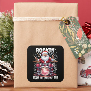 Rockande Santa-trummis julgran Fyrkantigt Klistermärke
