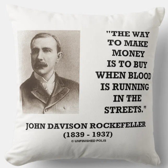Rockefeller Köp När Blod Rinner På Gatorna Kudde (Throw pillow featuring J.D. Rockefeller's classic advice for any investor on how to make money )
