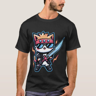 Rocker Cat med svart glas och svärd i Stil T Shirt