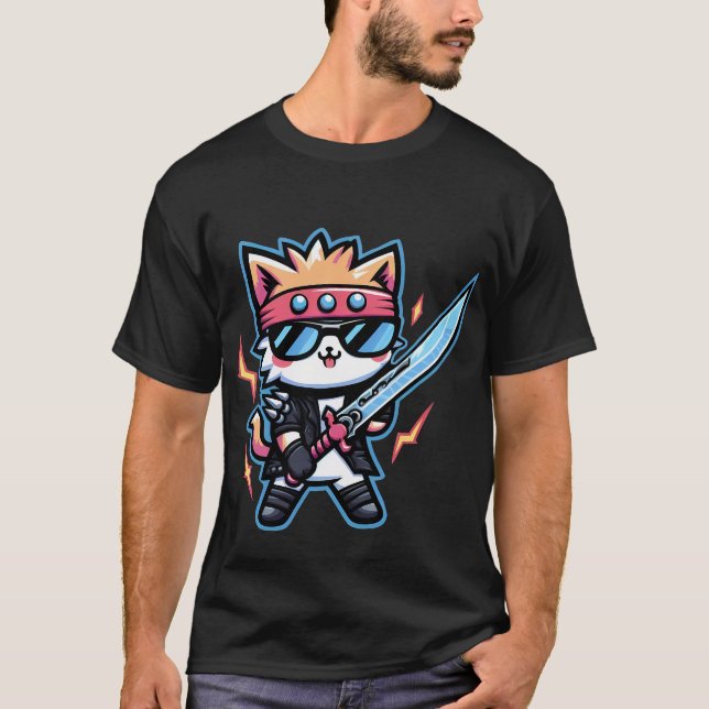 Rocker Cat med svart glas och svärd i Stil T Shirt (Framsida)