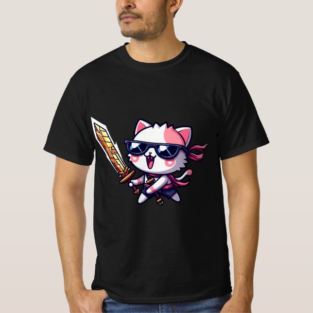 Rocker Cat med svart glas och svärd i Stil T Shirt (Framsida)